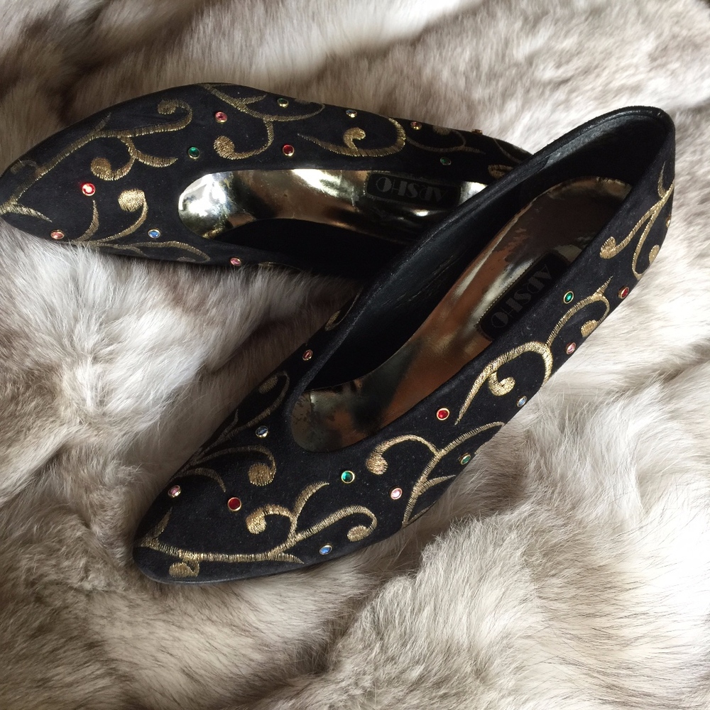 Black Sued Heels With Gold Embroidery And Gems